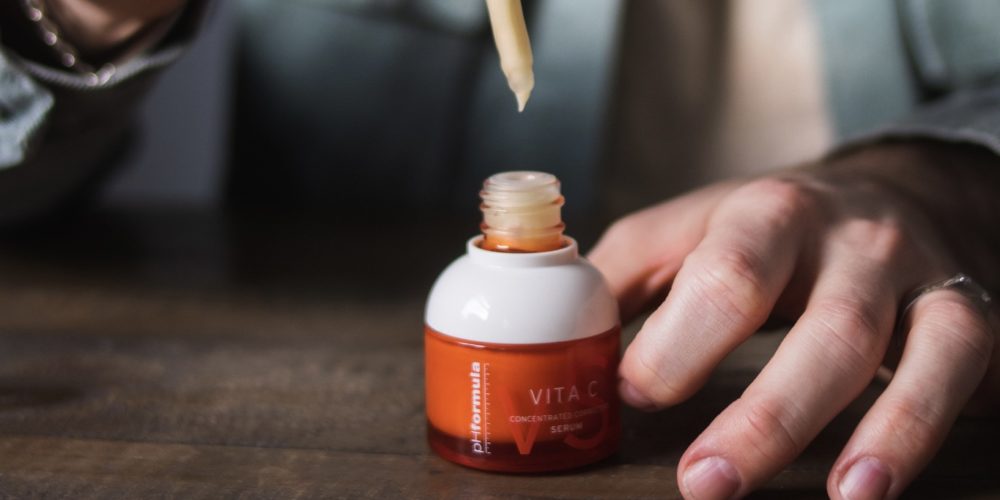 A bottle of Vita c, promoting as a source of reliable Skincare Ingredients